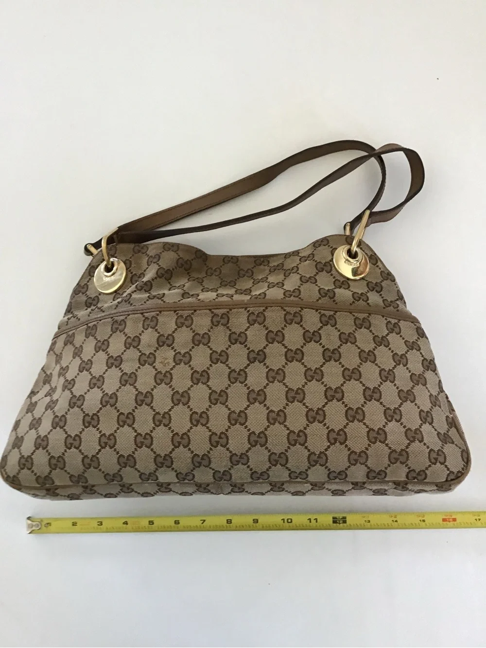 Gucci GG Canvas Eclipse Shoulder Bag Beige Brown Monogram Leather Trim Italy - Picture 12 of 15